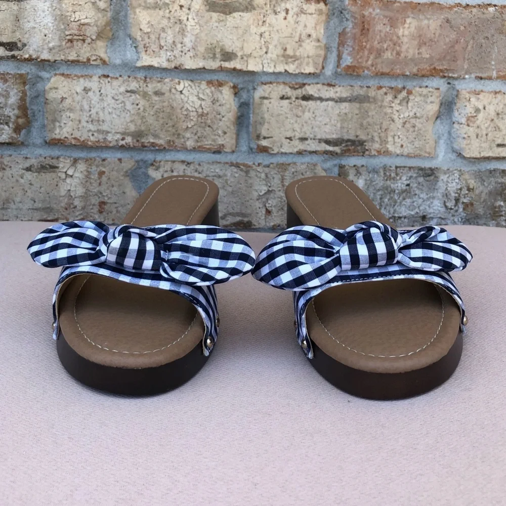 Comfort est 1946 Gingham Blue White Bow Versatile Slide Mule Clog Sandal 10